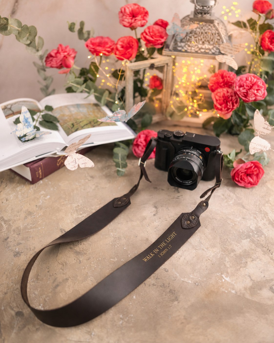 Walk In The Light 1 John 1:7 Dark Espresso full-grain leather camera strap, Christian scripture gift