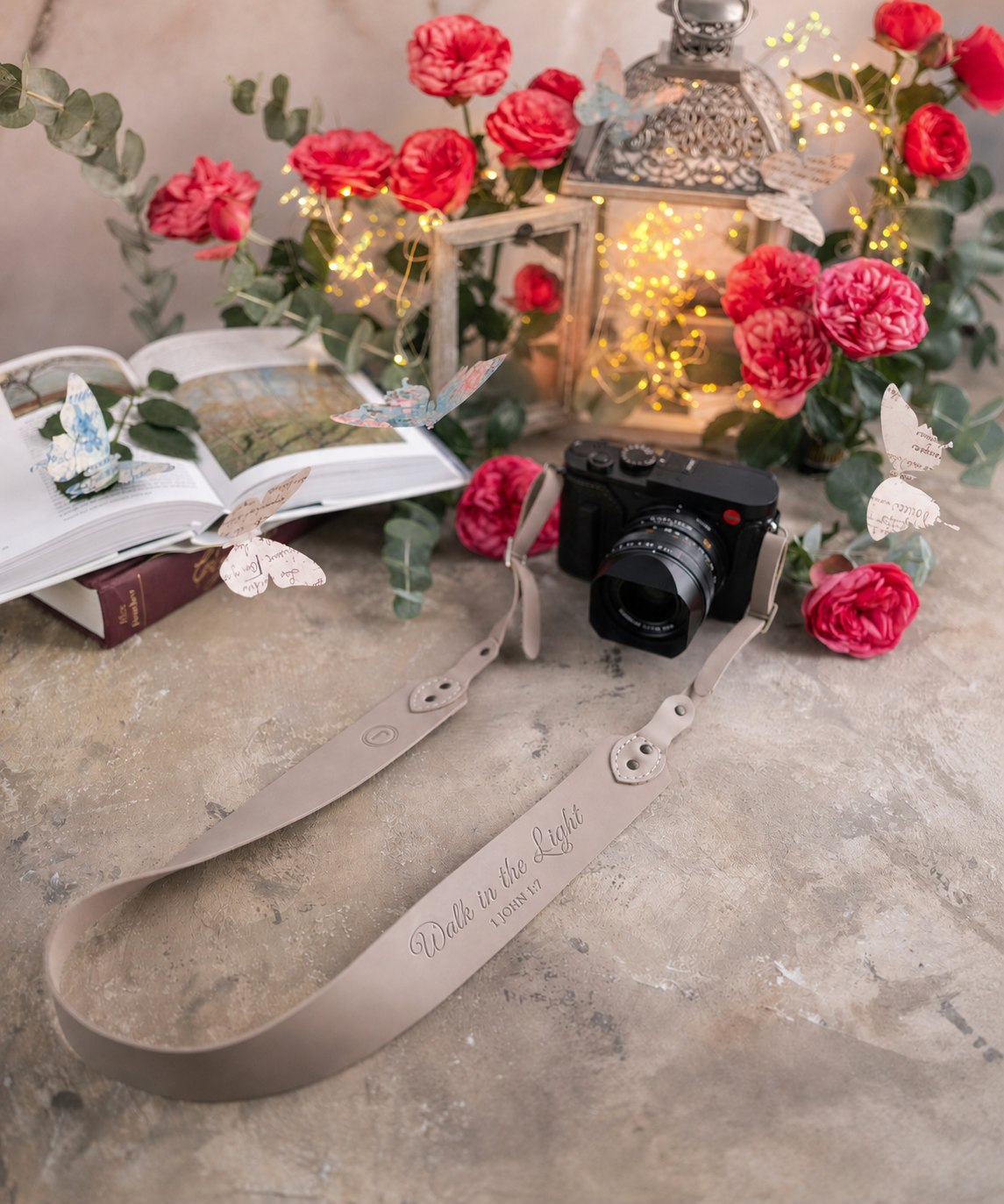 Walk In The Light 1 John 1:7 Gray Sand full-grain leather camera strap, Christian scripture gift