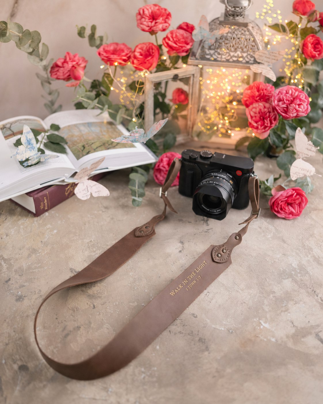 Walk In The Light 1 John 1:7 Sicilian Brown full-grain leather camera strap, Christian scripture gift