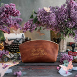 He First Loved Us 1 John 4:19 Arizona full-grain leather makeup bag, Christian scripture gift