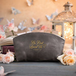 He First Loved Us 1 John 4:19 Country Gray full-grain leather makeup bag, Christian scripture gift