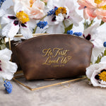 He First Loved Us 1 John 4:19 full-grain leather makeup bag, Christian scripture gift