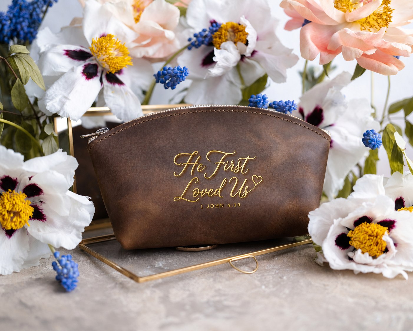 He First Loved Us 1 John 4:19 full-grain leather makeup bag, Christian scripture gift