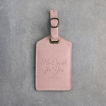 He Careth For You 1 Pet. 5:7 Blush full-grain leather luggage tag, Christian scripture gift