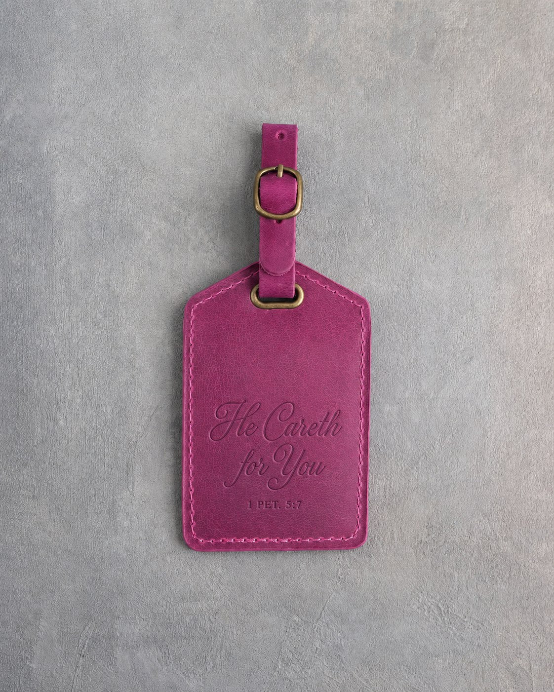 He Careth For You 1 Pet. 5:7 Fuchsia full-grain leather luggage tag, Christian scripture gift