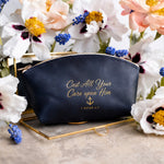He Careth For You 1 Pet. 5:7 full-grain leather makeup bag, Christian scripture gift