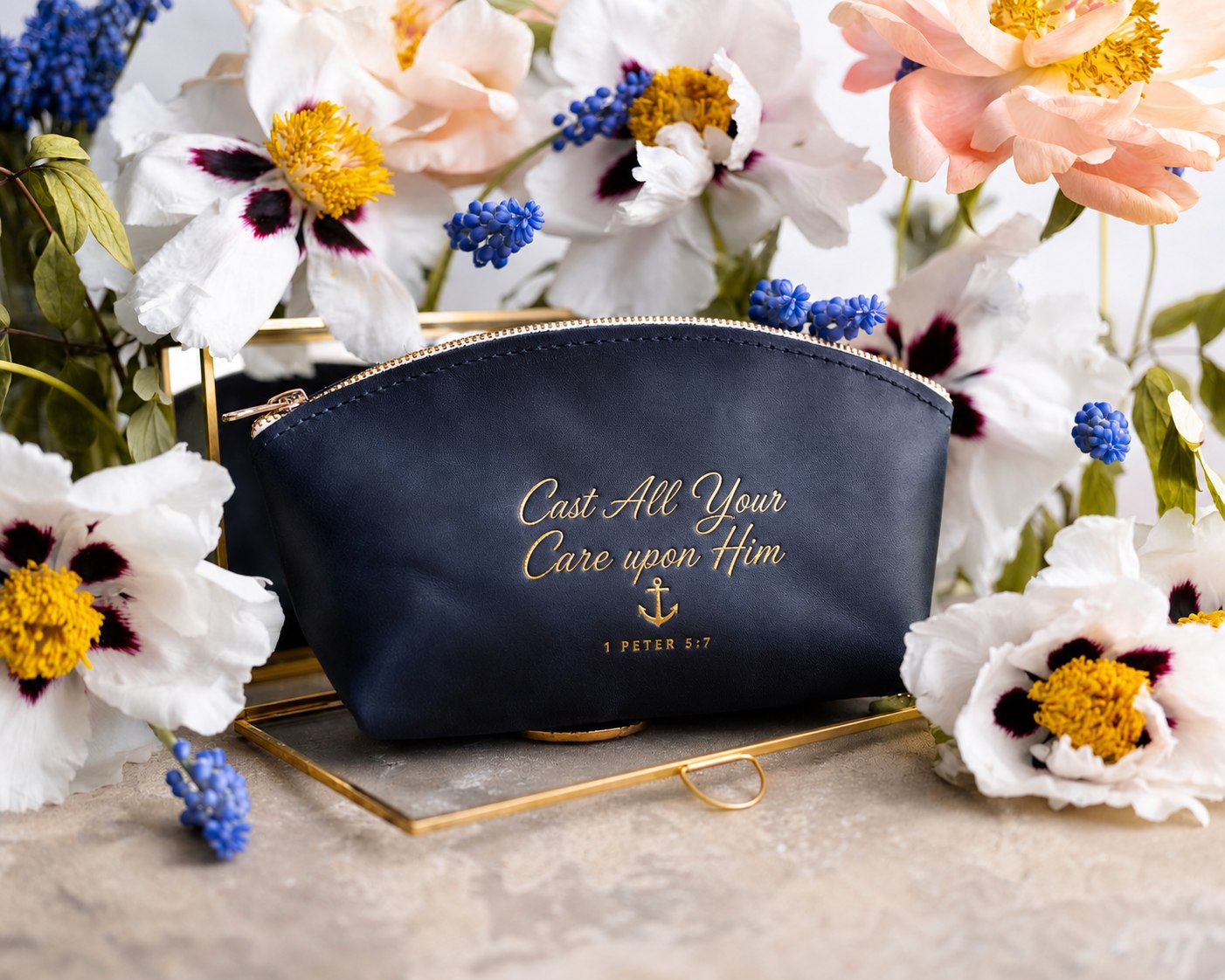 He Careth For You 1 Pet. 5:7 full-grain leather makeup bag, Christian scripture gift