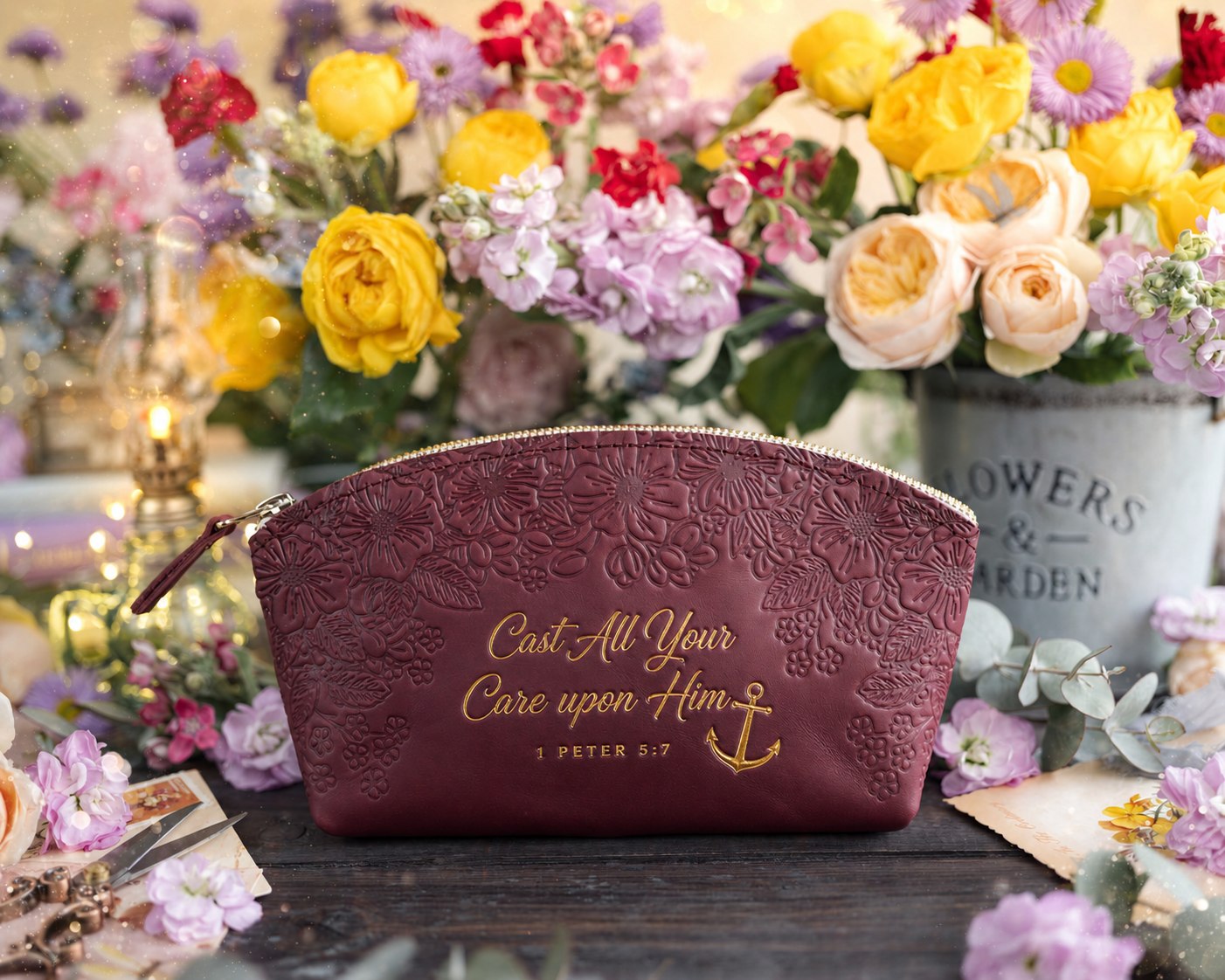 He Careth For You 1 Pet. 5:7 full-grain leather makeup bag, Christian scripture gift