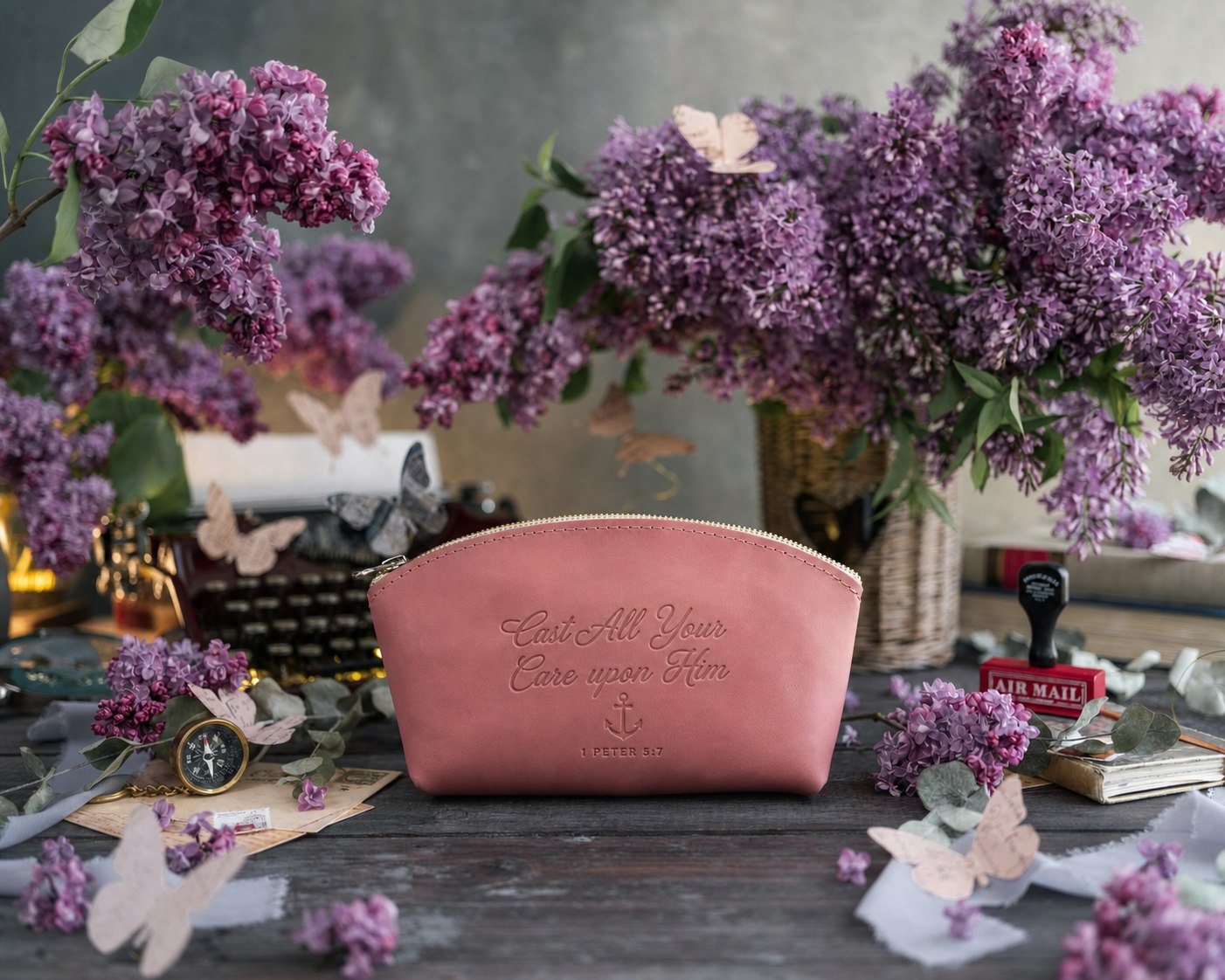 He Careth For You 1 Pet. 5:7 Parisian Blossom full-grain leather makeup bag, Christian scripture gift
