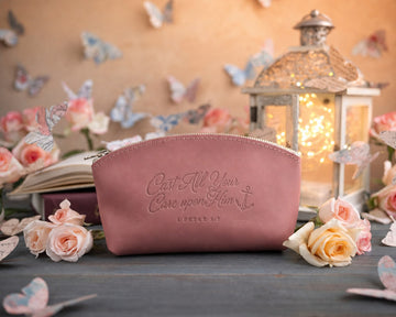 1 peter 5:7 makeup bag – "he careth for you" bible verse gift