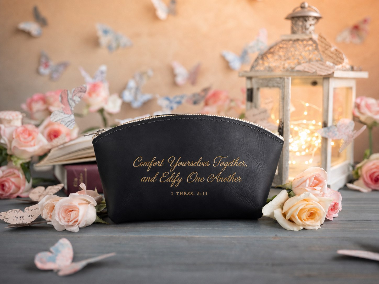 Comfort Yourselves Together, And Edify One Another 1 Thess. 5:11 Black full-grain leather makeup bag, Christian scripture gift