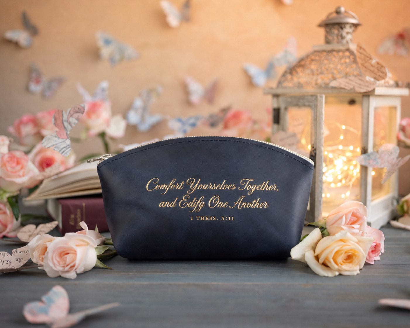 Comfort Yourselves Together, And Edify One Another 1 Thess. 5:11 Blueberry full-grain leather makeup bag, Christian scripture gift