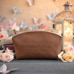 Comfort Yourselves Together, And Edify One Another 1 Thess. 5:11 Caramel full-grain leather makeup bag, Christian scripture gift