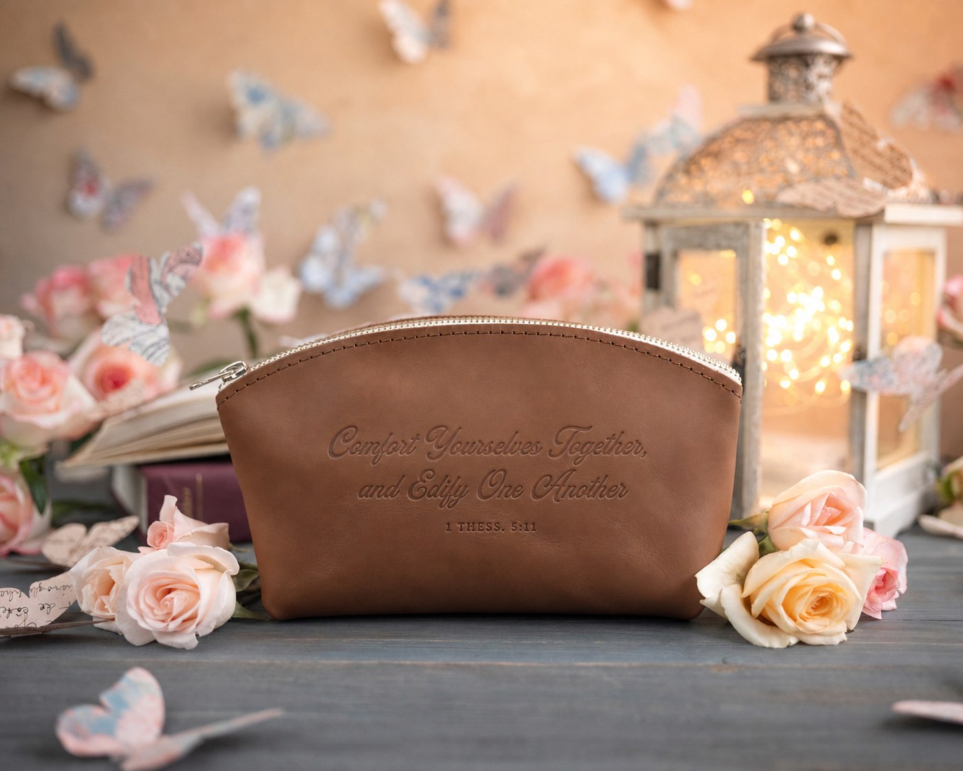 Comfort Yourselves Together, And Edify One Another 1 Thess. 5:11 Caramel full-grain leather makeup bag, Christian scripture gift