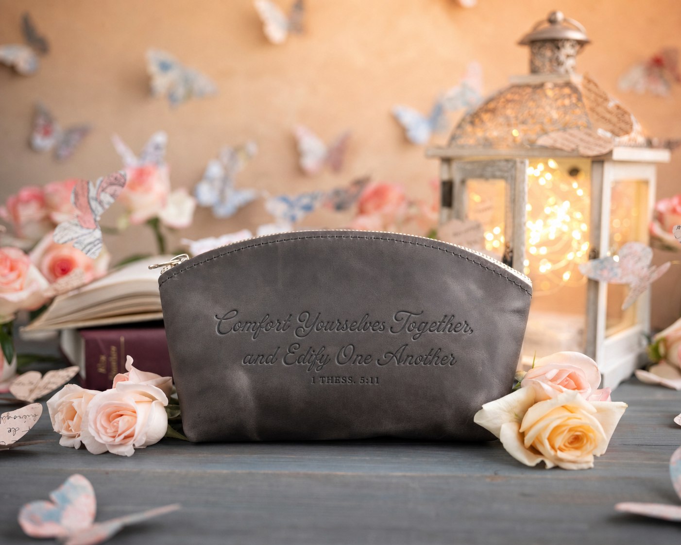 Comfort Yourselves Together, And Edify One Another 1 Thess. 5:11 Country Gray full-grain leather makeup bag, Christian scripture gift