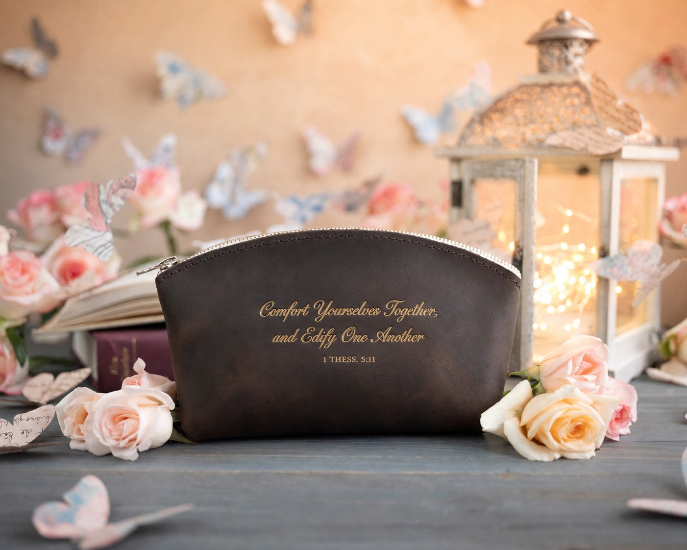 Comfort Yourselves Together, And Edify One Another 1 Thess. 5:11 Dark Espresso full-grain leather makeup bag, Christian scripture gift