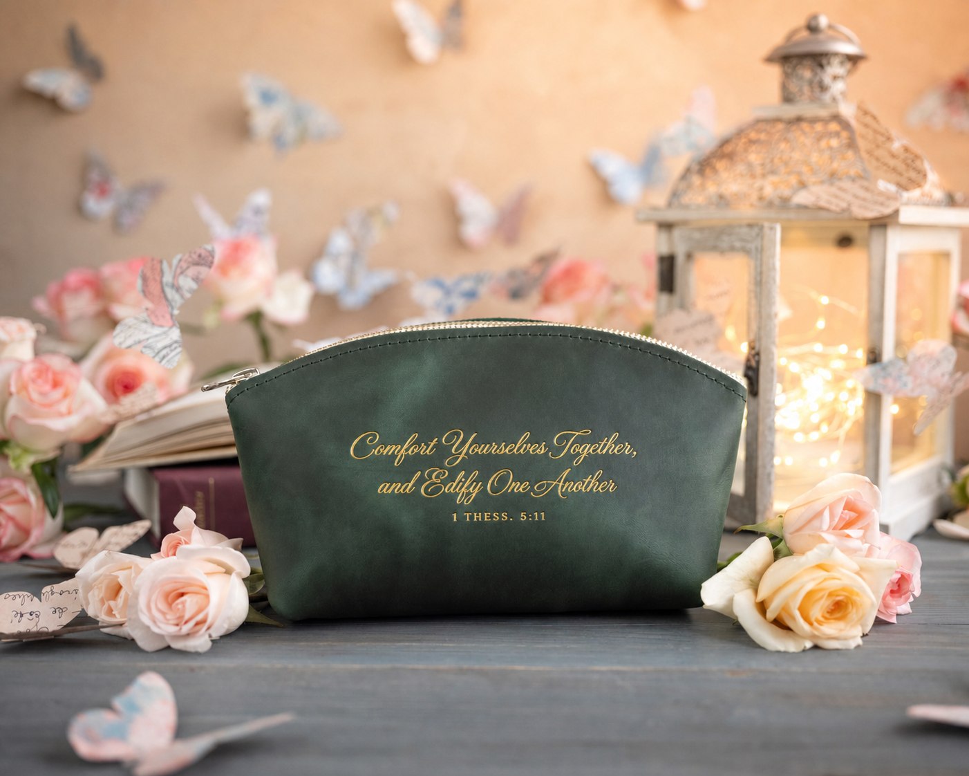 Comfort Yourselves Together, And Edify One Another 1 Thess. 5:11 Forest Green full-grain leather makeup bag, Christian scripture gift