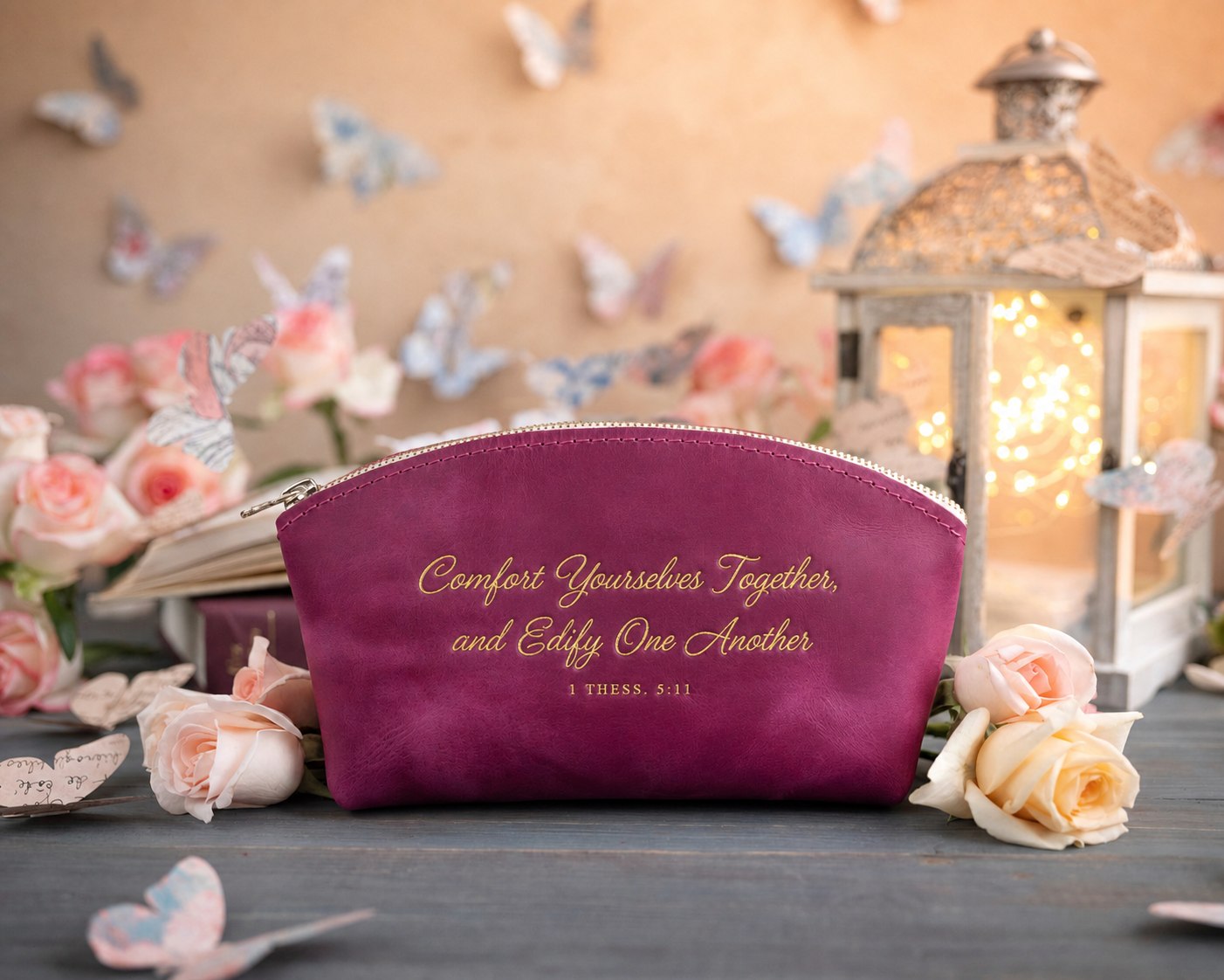 Comfort Yourselves Together, And Edify One Another 1 Thess. 5:11 Fuchsia full-grain leather makeup bag, Christian scripture gift