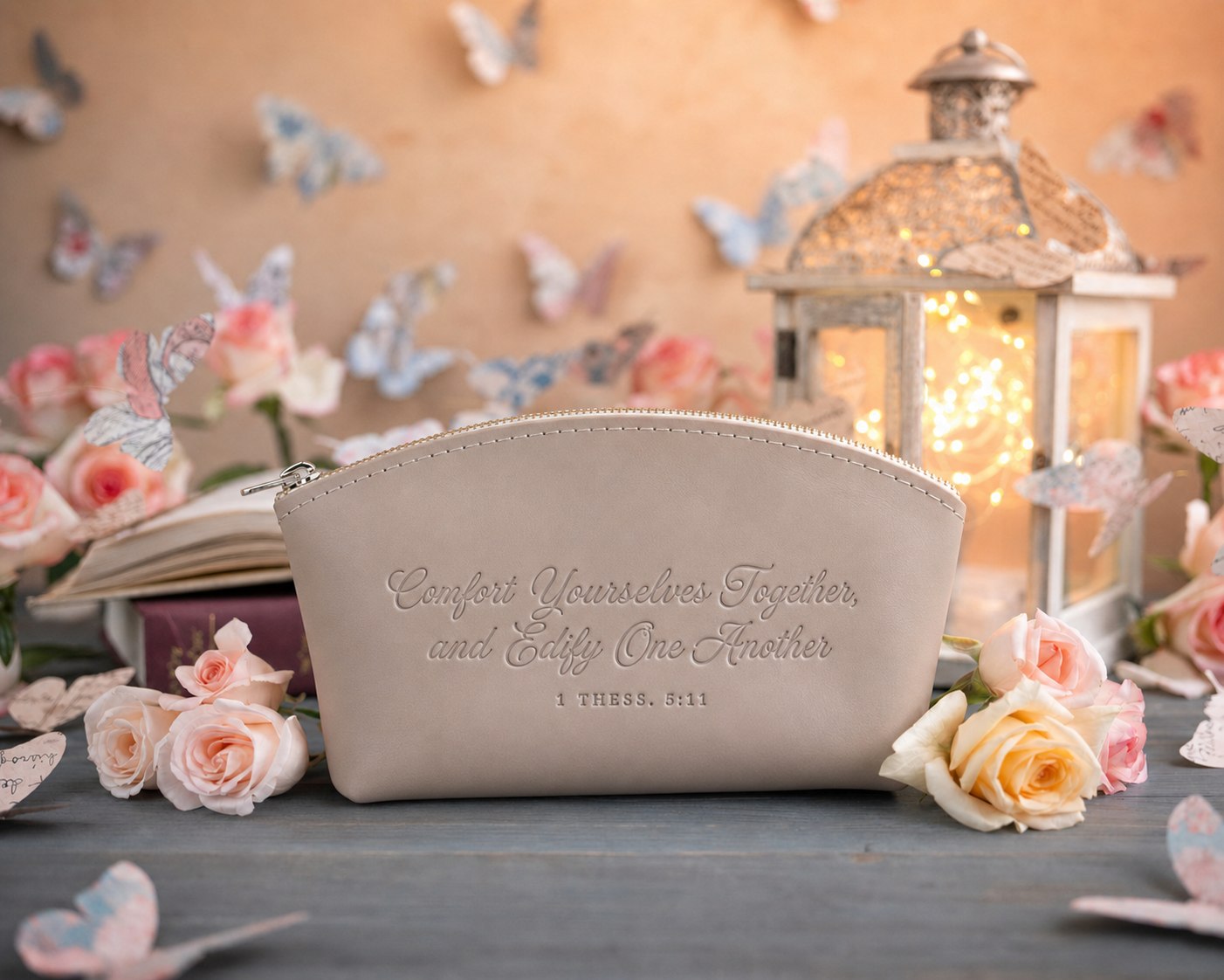 Comfort Yourselves Together, And Edify One Another 1 Thess. 5:11 Gray Sand full-grain leather makeup bag, Christian scripture gift