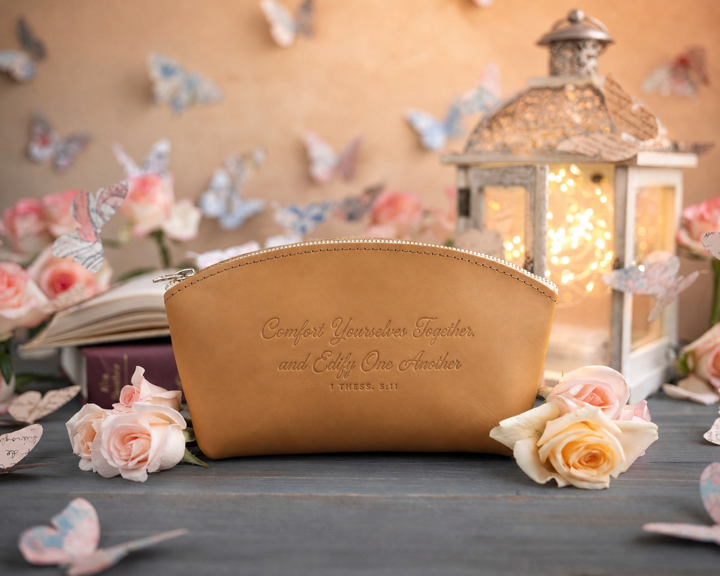 Comfort Yourselves Together, And Edify One Another 1 Thess. 5:11 Indian Summer full-grain leather makeup bag, Christian scripture gift