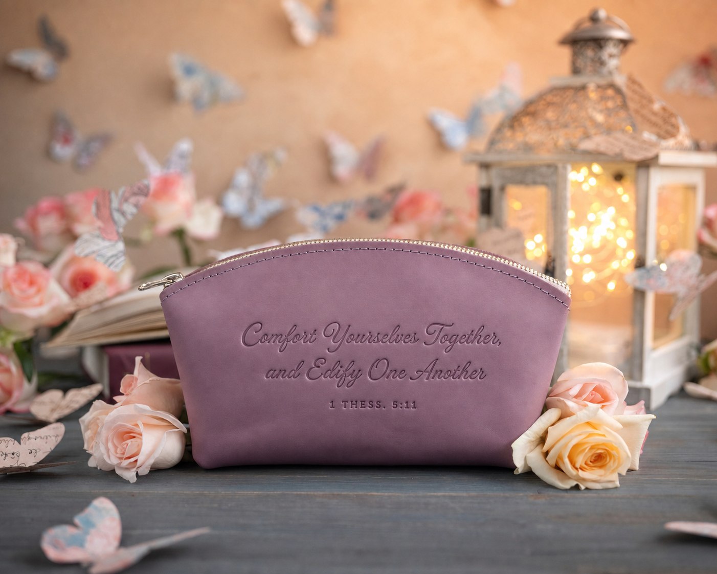 Comfort Yourselves Together, And Edify One Another 1 Thess. 5:11 Lilac full-grain leather makeup bag, Christian scripture gift