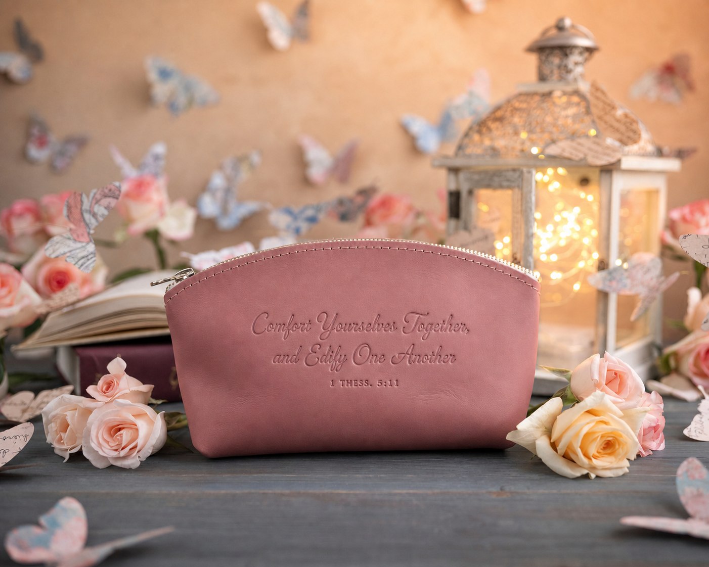 Comfort Yourselves Together, And Edify One Another 1 Thess. 5:11 Parisian Blossom full-grain leather makeup bag, Christian scripture gift