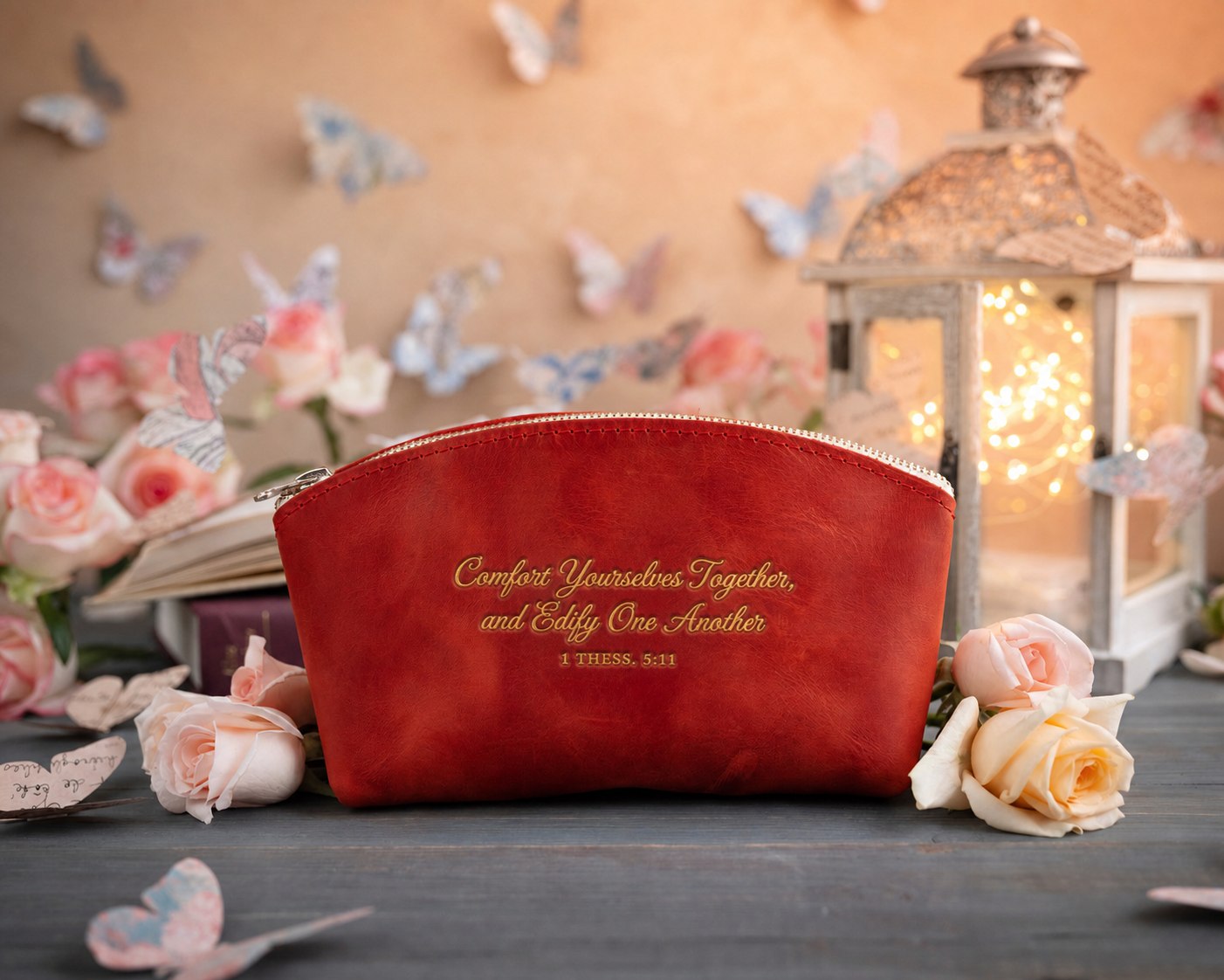Comfort Yourselves Together, And Edify One Another 1 Thess. 5:11 Poppy Red full-grain leather makeup bag, Christian scripture gift