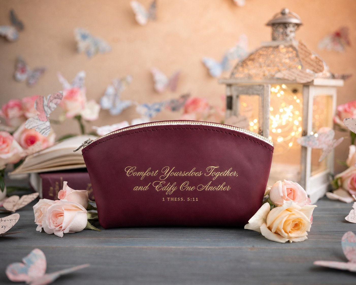 Comfort Yourselves Together, And Edify One Another 1 Thess. 5:11 Sangria full-grain leather makeup bag, Christian scripture gift