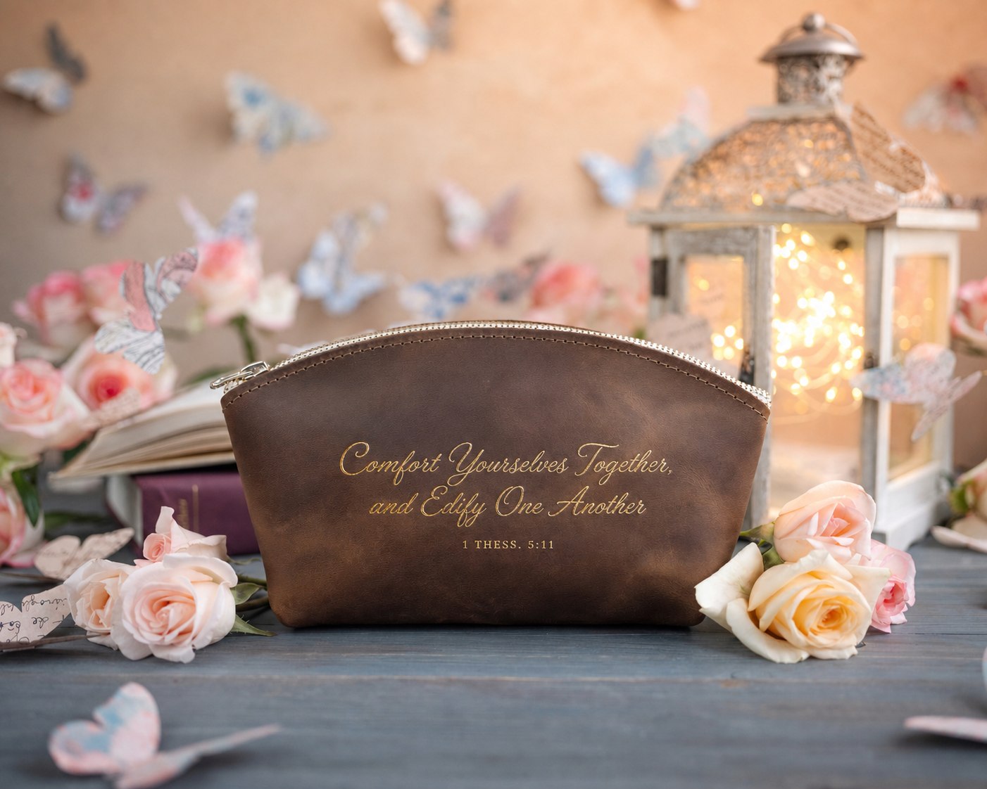 Comfort Yourselves Together, And Edify One Another 1 Thess. 5:11 Sicilian Brown full-grain leather makeup bag, Christian scripture gift
