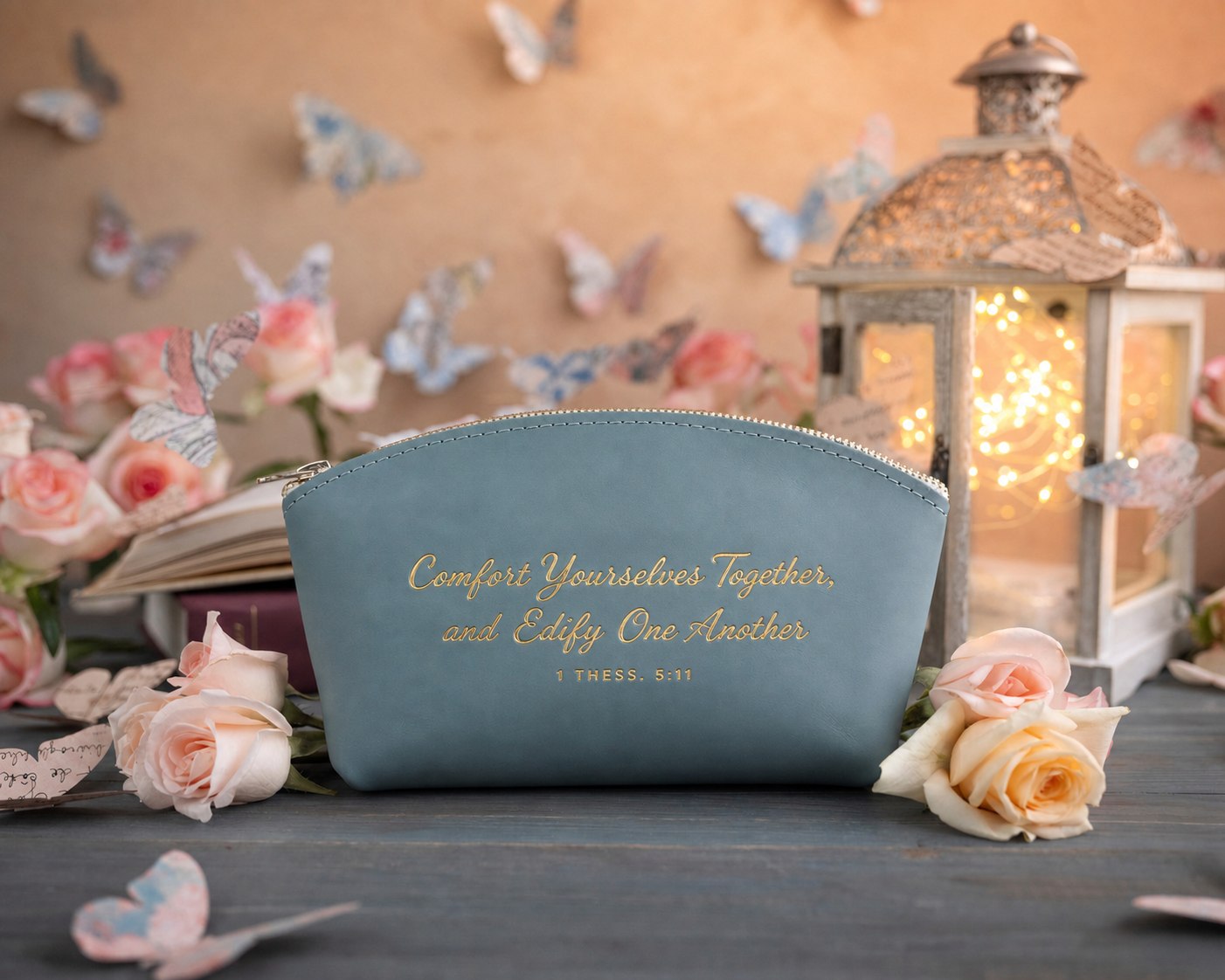 Comfort Yourselves Together, And Edify One Another 1 Thess. 5:11 Turquoise full-grain leather makeup bag, Christian scripture gift