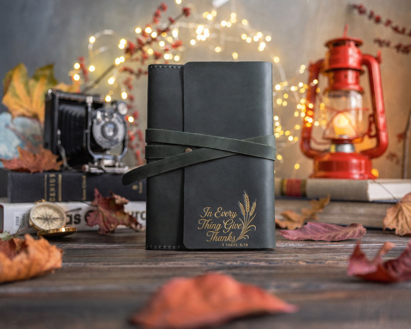 In Every Thing Give Thanks 1 Thess. 5:18 handcrafted leather journal, Christian scripture gift