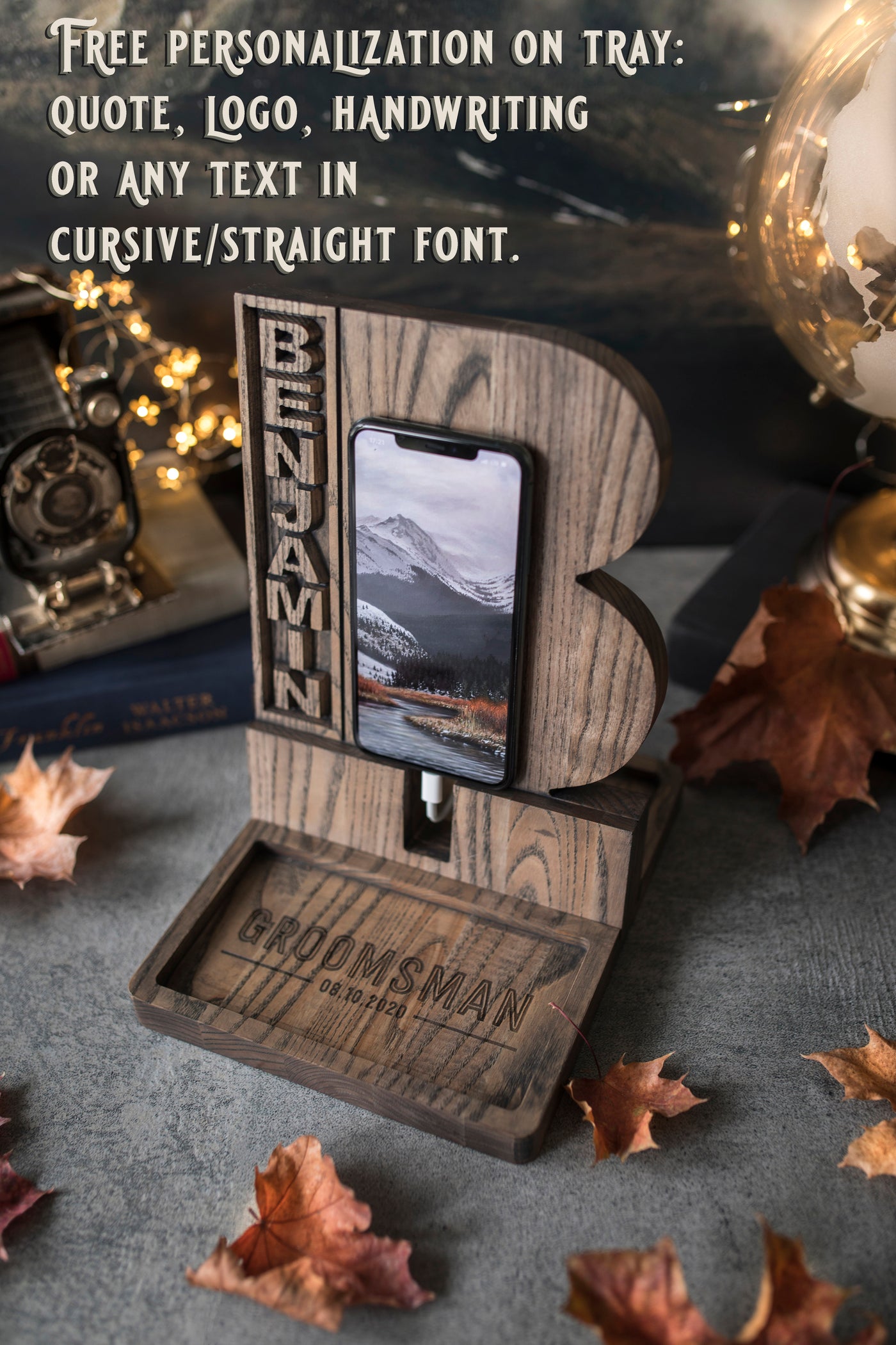 Wooden Monogram Docking Station In Gray Tan