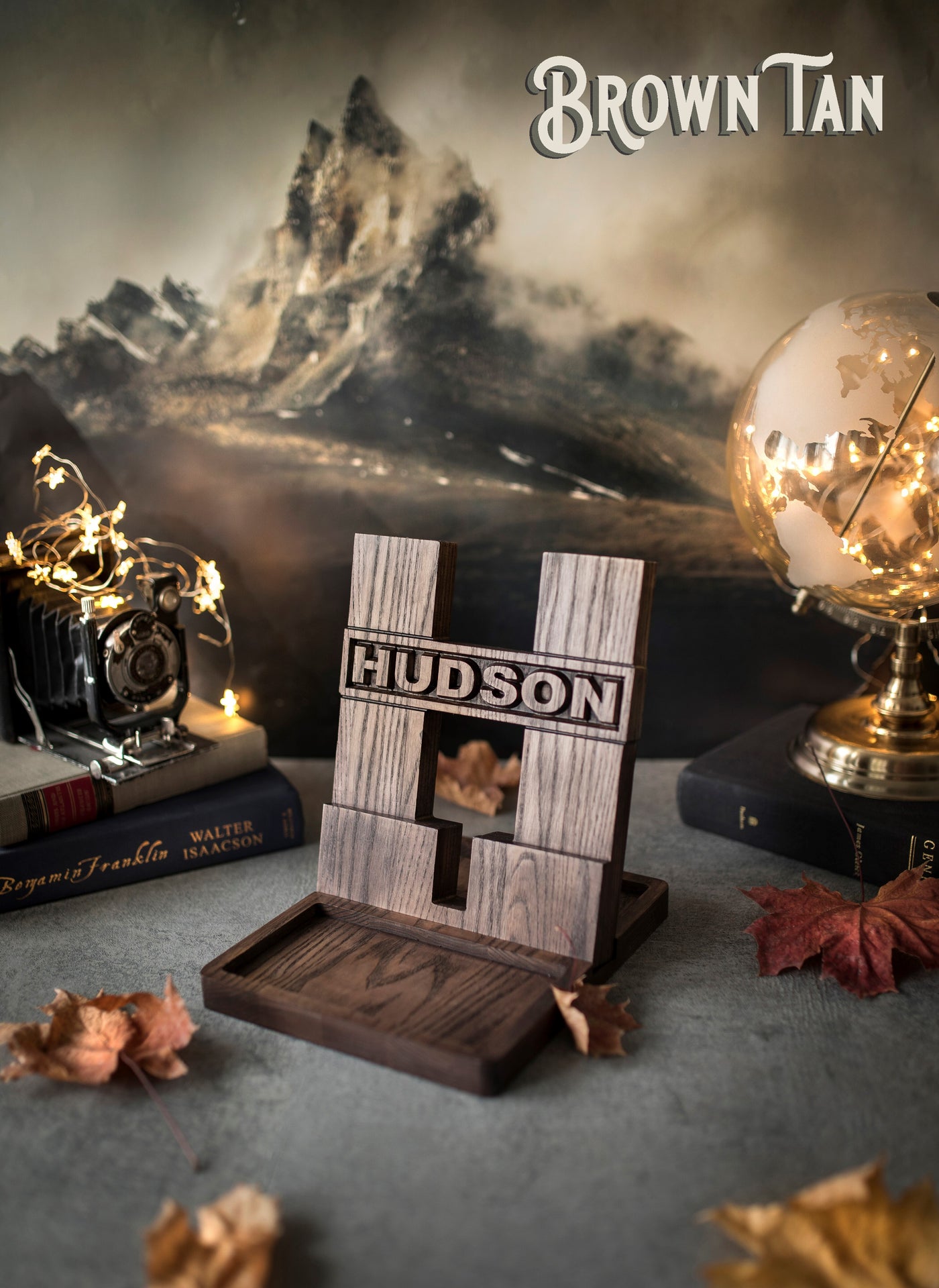 Wooden Monogram Docking Station In Brown Tan