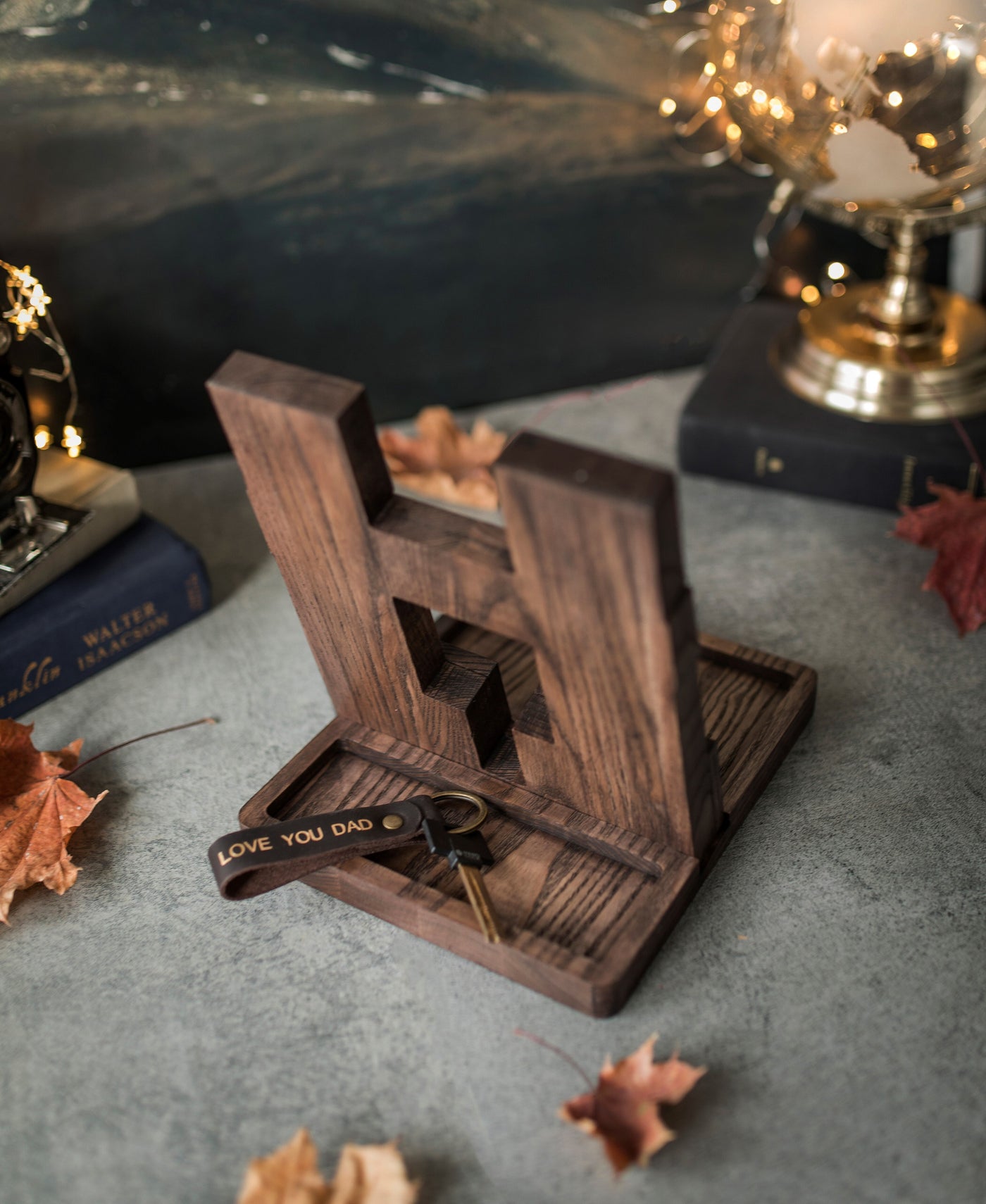Wooden Monogram Docking Station In Brown Tan