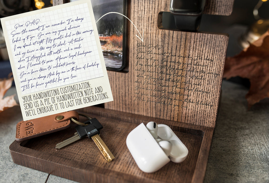 Wooden Personalized Handwriting Docking Station In Gray Tan