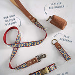 Tagless Dog ID Collar: personalized webbing collar with an engraved bone buckle, matching leash and keychain