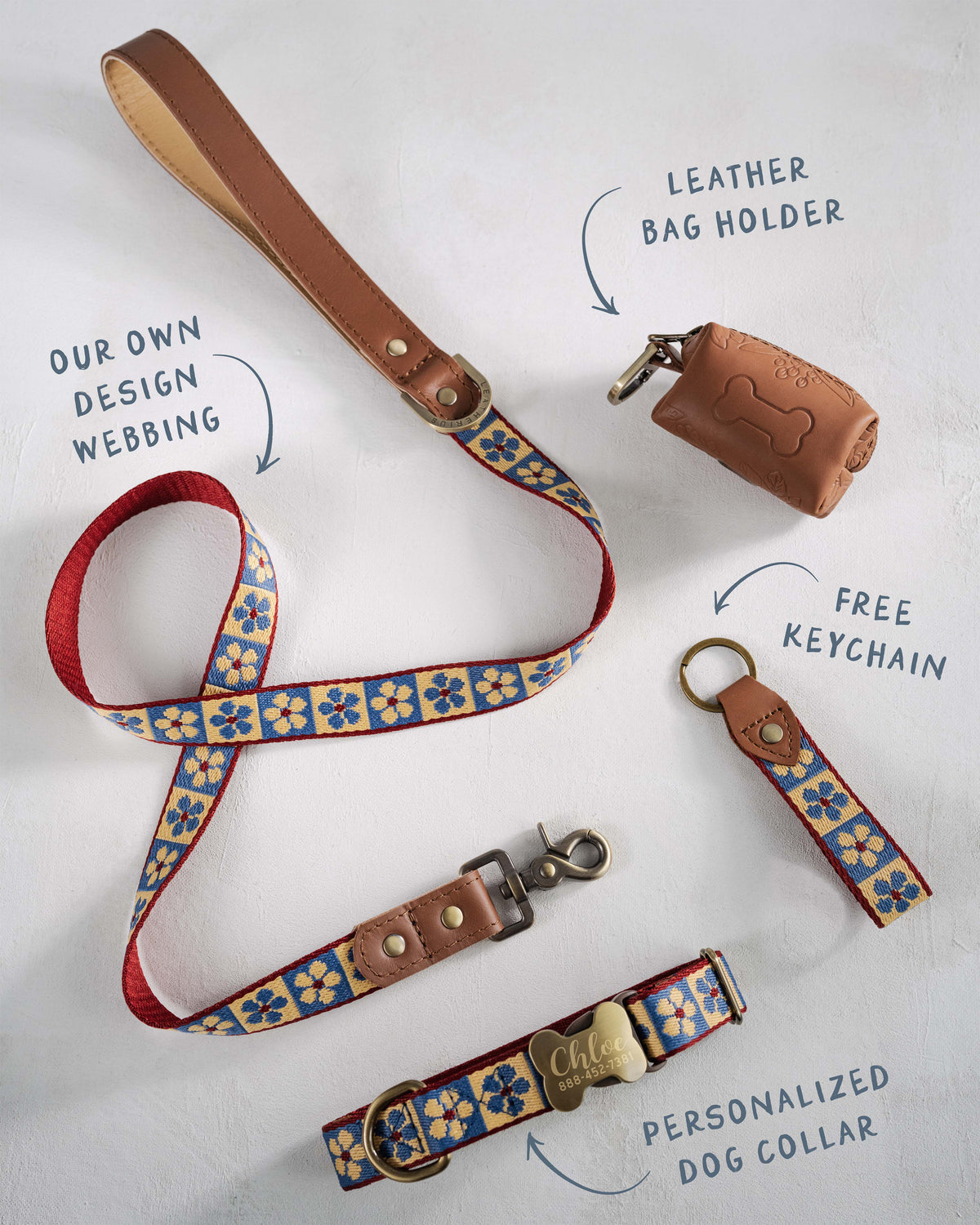 Tagless Dog ID Collar: personalized webbing collar with an engraved bone buckle, matching leash and keychain