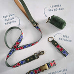 Personalized dog collar in variety of webbing designs, handcrafted to order