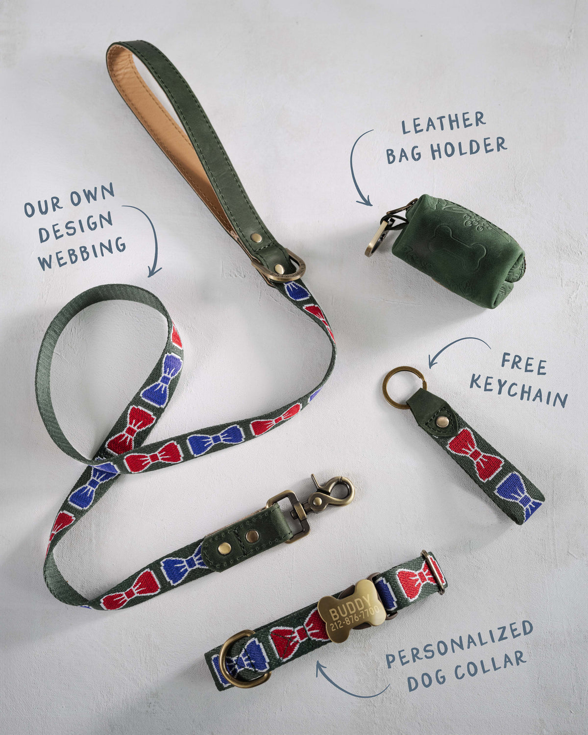 Personalized dog collar in variety of webbing designs, handcrafted to order