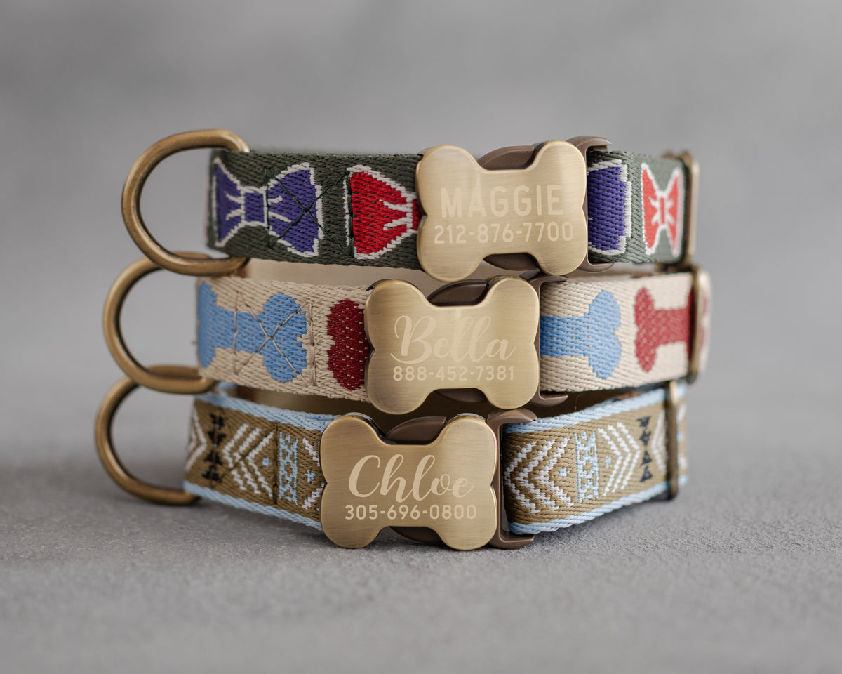 Personalized dog collar in variety of webbing designs with engraved initials