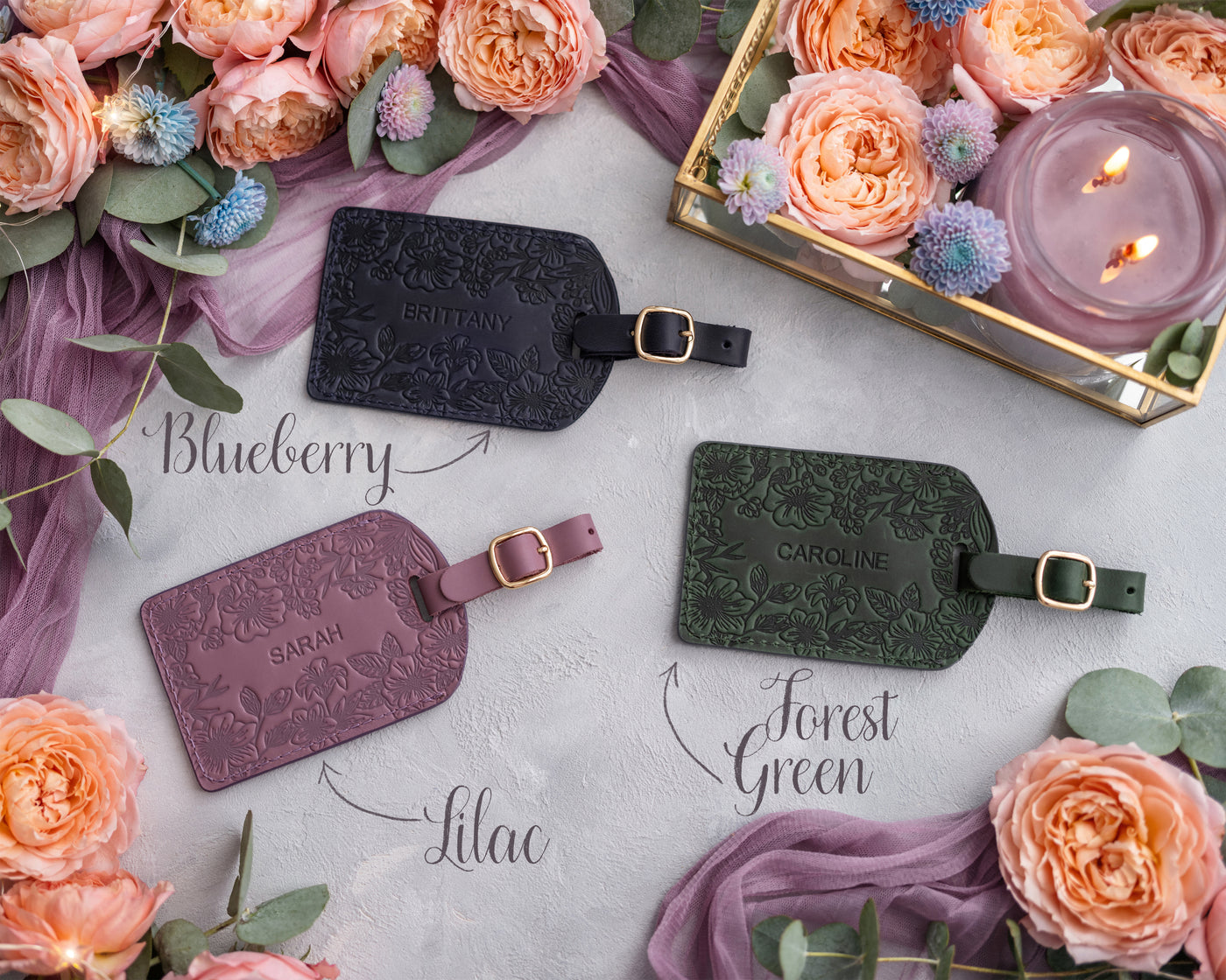 Personalized Leather Luggage Tags in Floral Style with hand-finished detailing