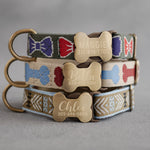 Engraved dog collar in variety of webbing designs, handcrafted to order