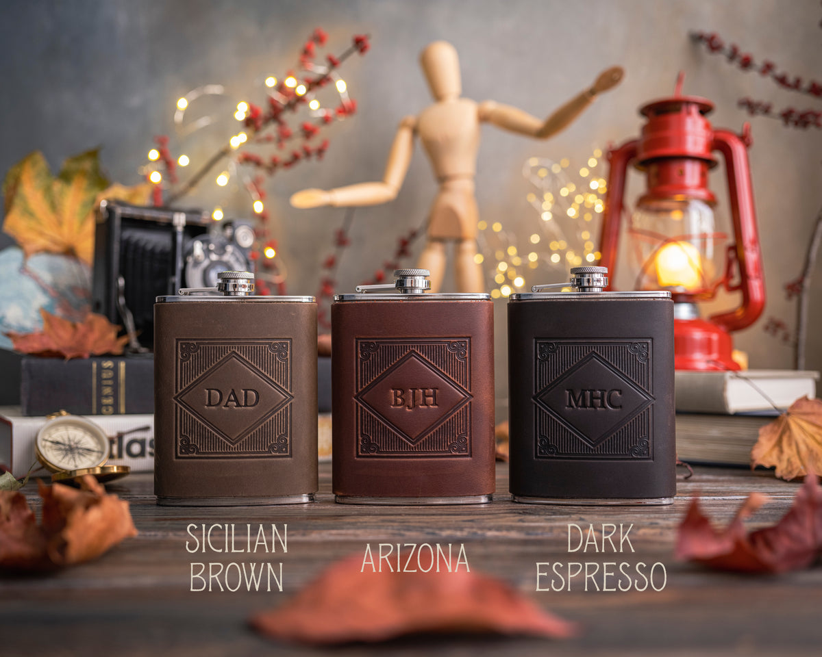 Custom Initial Hip Flask - Groomsmen Gifts - Custom - Logo - Full Grain Leather with engraved initials