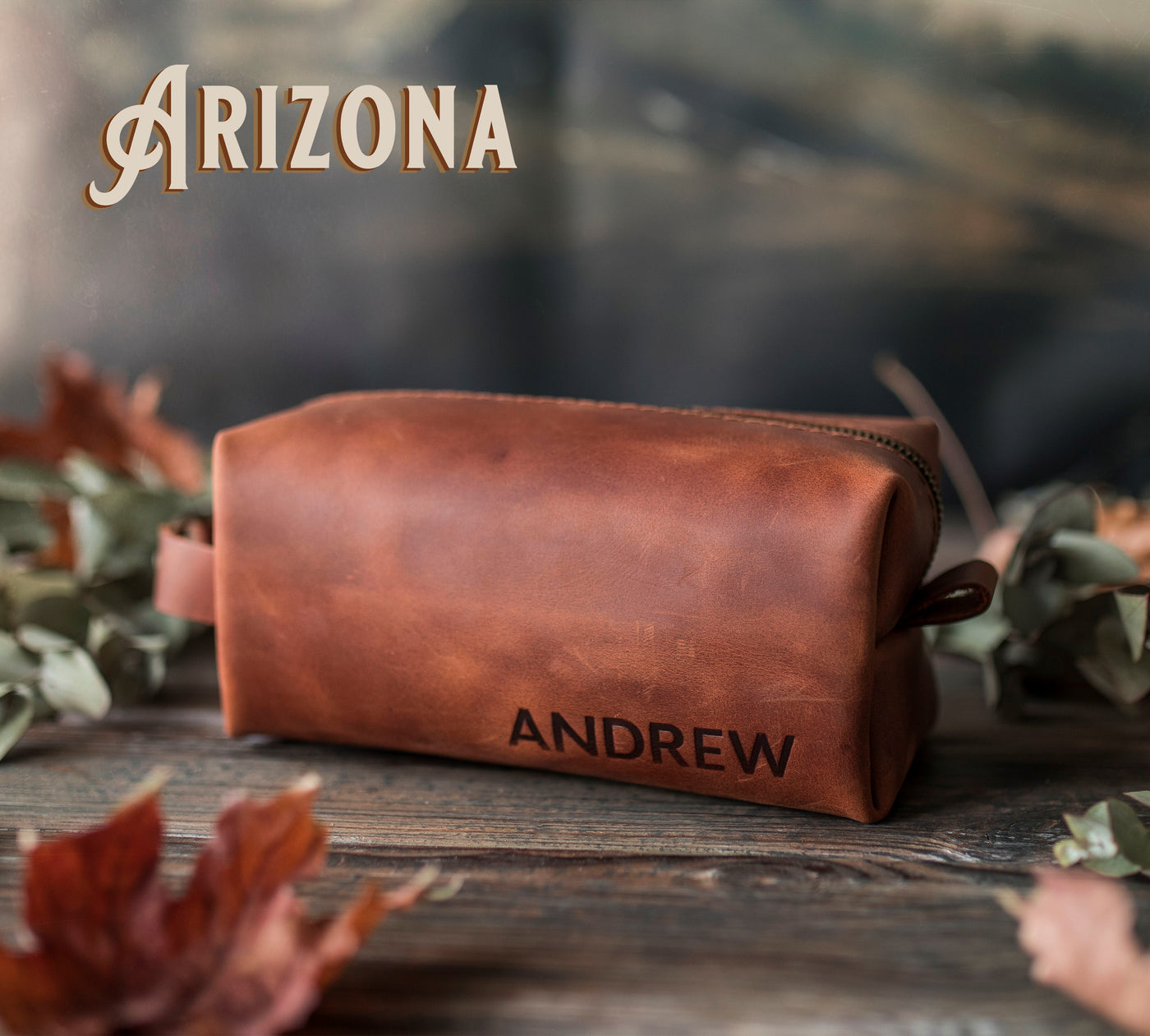 Personalized Leather Toiletry Bag for Men - Dopp Kit - Fire Branded Personalization