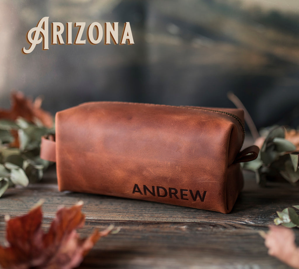 Personalized Leather Toiletry Bag for Men - Dopp Kit - Fire Branded Personalization