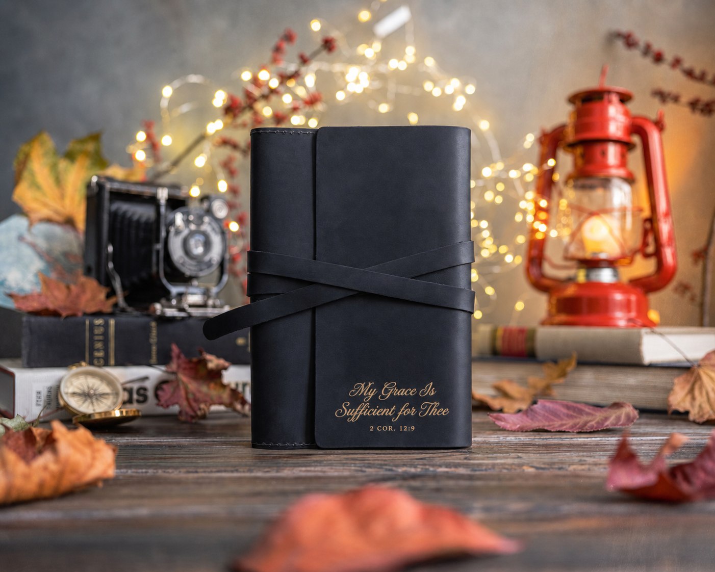 My Grace Is Sufficient For Thee 2 Cor. 12:9 Black handcrafted leather journal, Christian scripture gift