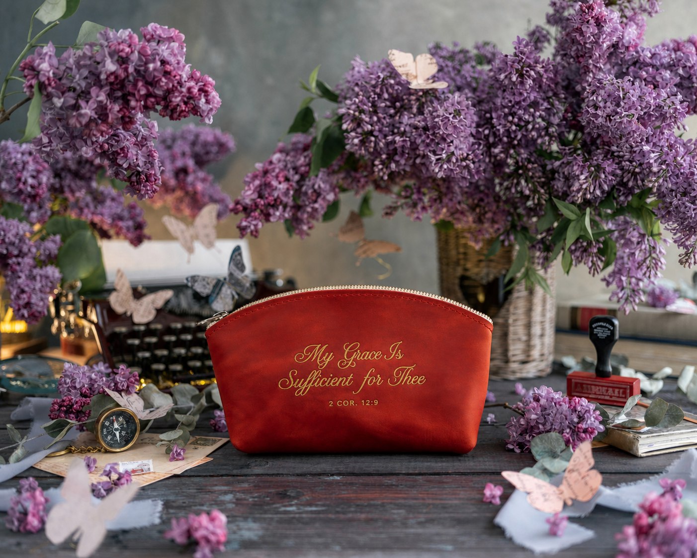 My Grace Is Sufficient For Thee 2 Cor. 12:9 Poppy Red full-grain leather makeup bag, Christian scripture gift