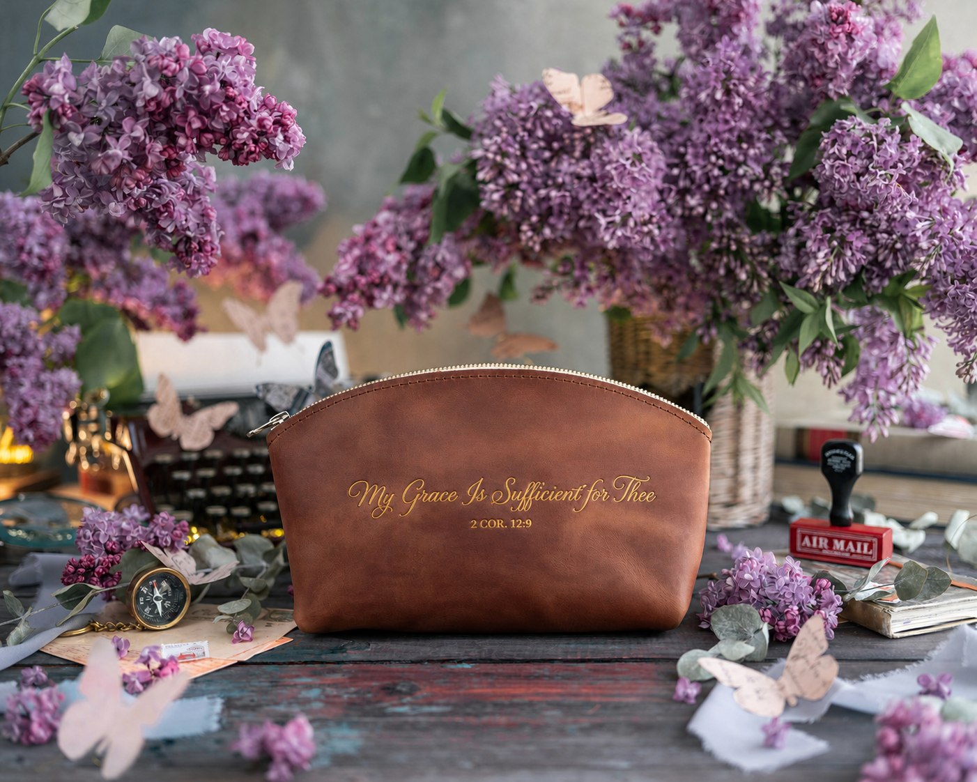 My Grace Is Sufficient For Thee 2 Cor. 12:9 full-grain leather makeup bag, Christian scripture gift
