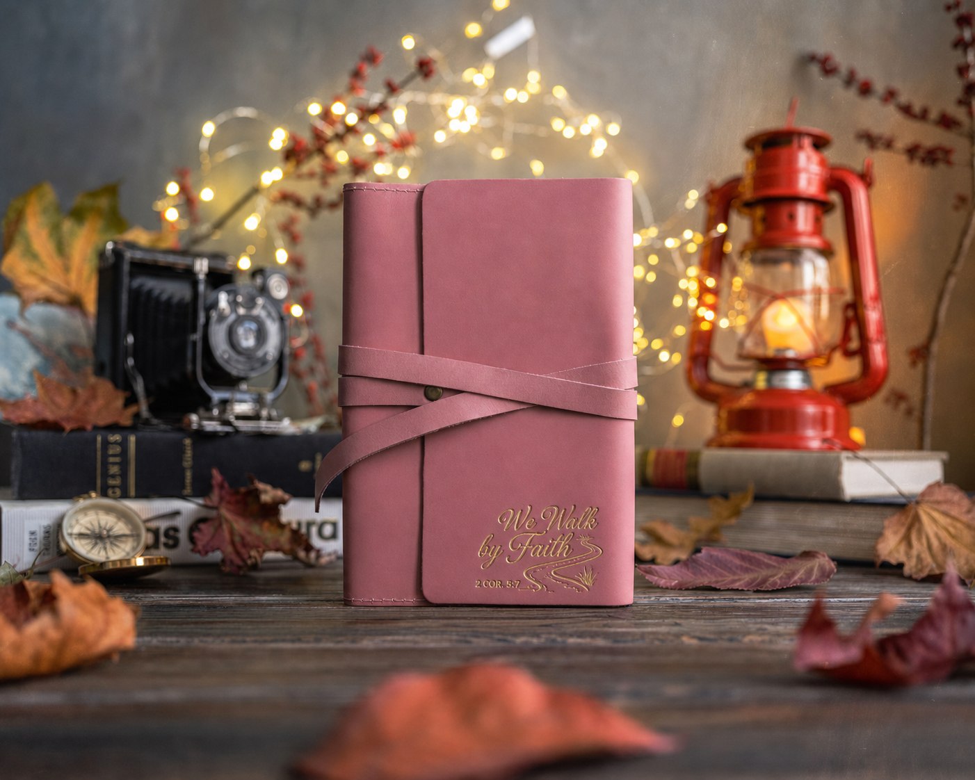 We Walk By Faith 2 Cor. 5:7 handcrafted leather journal, Christian scripture gift