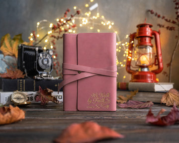 2 corinthians 5:7 leather journal – "we walk by faith" bible verse gift